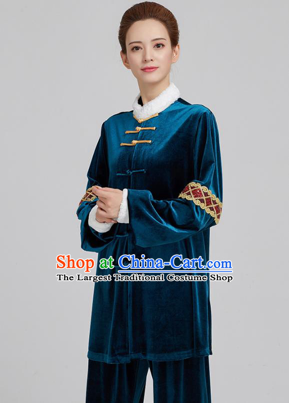 China Kung Fu Costume Tai Chi Clothing Martial Arts Navy Pleuche Uniforms