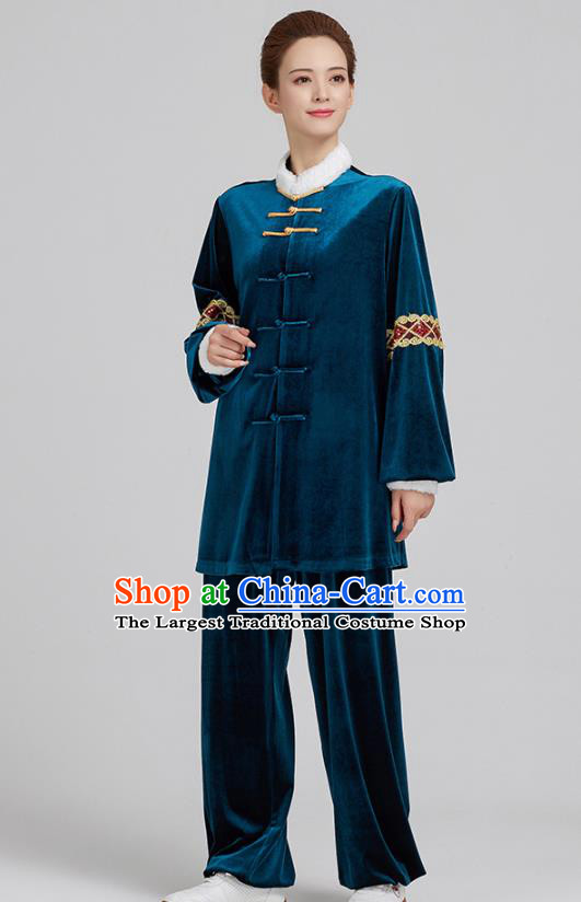 China Kung Fu Costume Tai Chi Clothing Martial Arts Navy Pleuche Uniforms