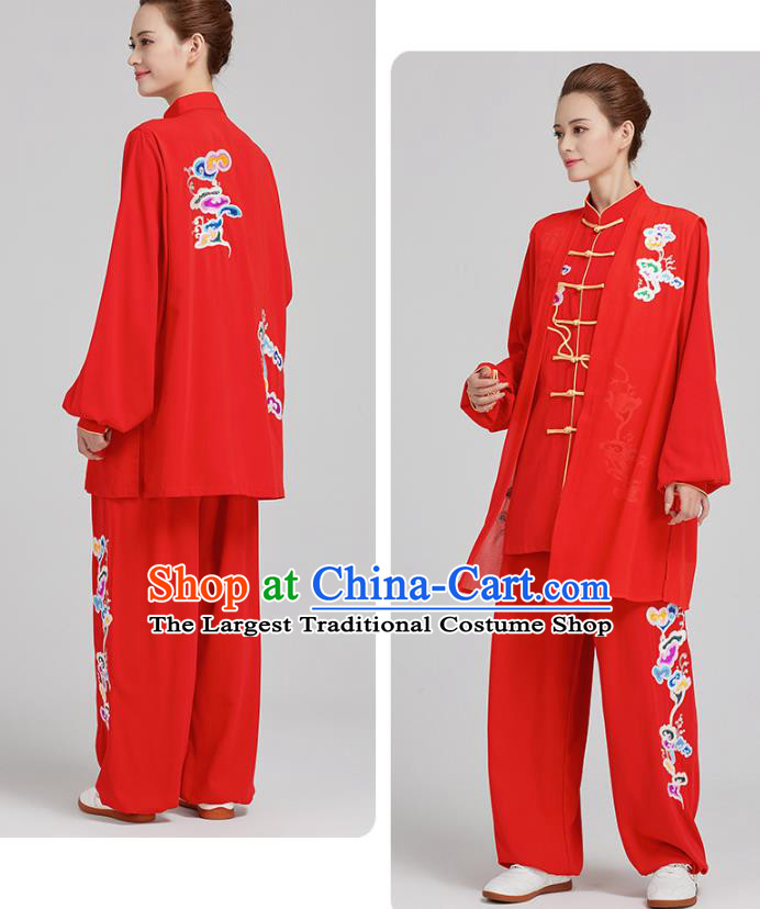 China Traditional Kung Fu Competition Costumes Tai Chi Training Embroidered Clouds Red Uniforms