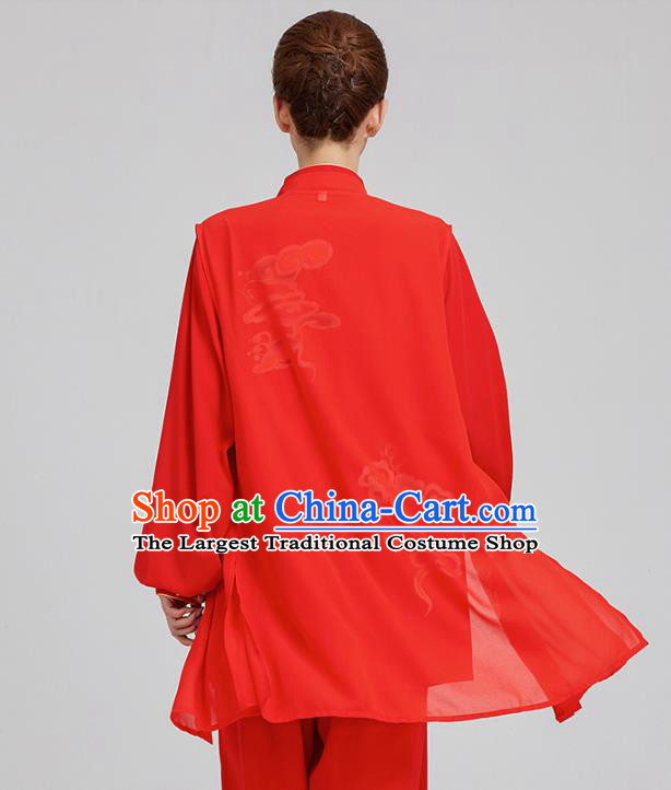 China Traditional Kung Fu Competition Costumes Tai Chi Training Embroidered Clouds Red Uniforms