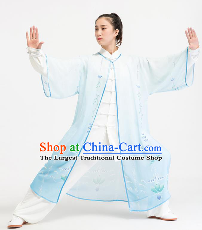 China Traditional Kung Fu Training Printing Lotus Light Blue Cloak Tai Chi Stage Show Cape