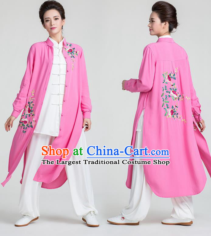 China Tai Chi Training Clothing Traditional Kung Fu Embroidered Rosy Long Gown