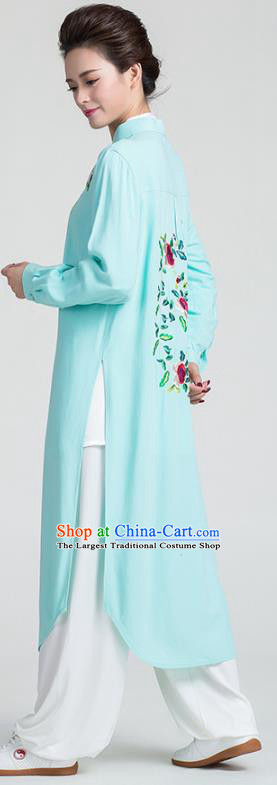 China Traditional Tai Chi Training Clothing Kung Fu Embroidered Light Green Flax Dust Coat