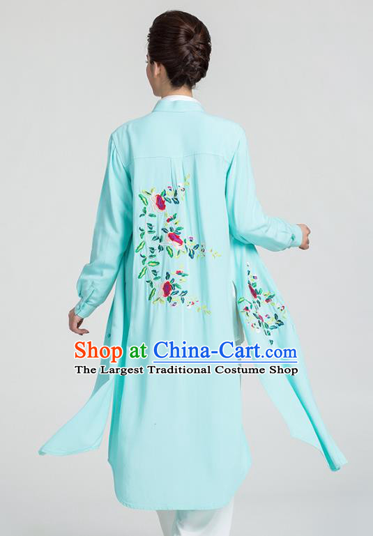 China Traditional Tai Chi Training Clothing Kung Fu Embroidered Light Green Flax Dust Coat