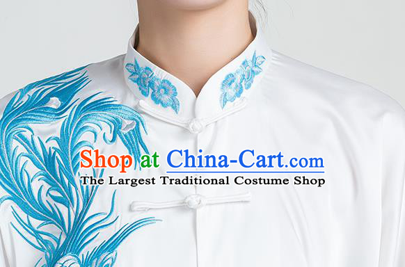 China Kung Fu Embroidered Phoenix Peony Blue Uniforms Traditional Tai Chi Competition Clothing