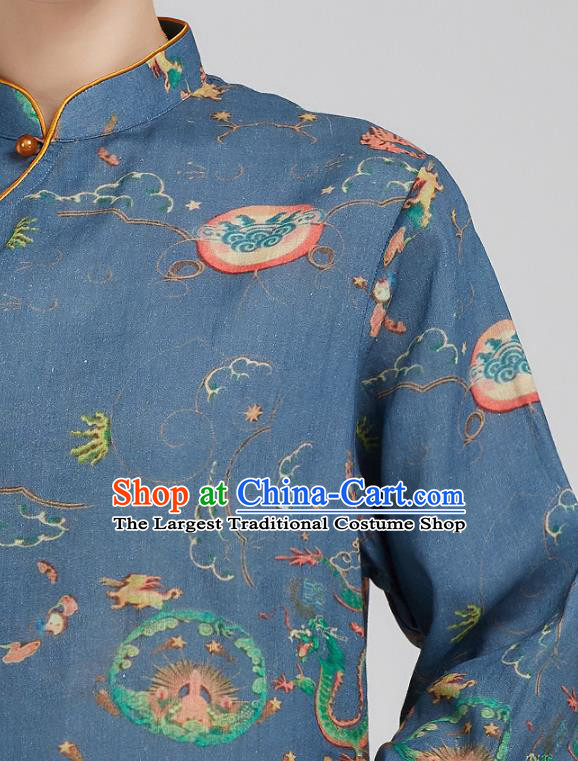 China Tai Chi Clothing Tang Suit Printing Navy Flax Shirt Kung Fu Costum