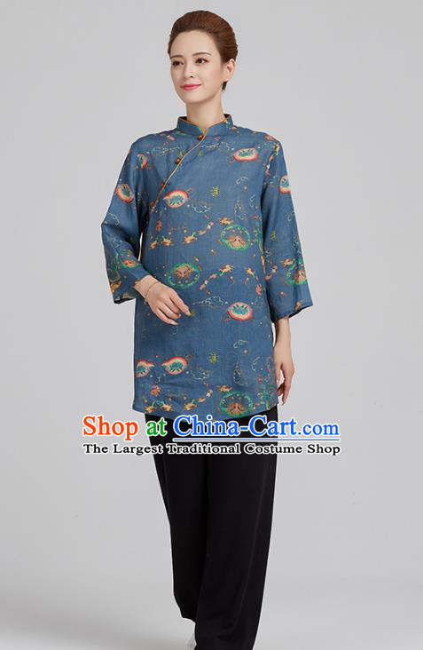 China Tai Chi Clothing Tang Suit Printing Navy Flax Shirt Kung Fu Costum