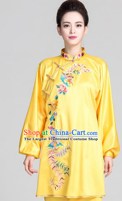 China Tai Chi Exercise Clothing Traditional Martial Arts Embroidered Phoenix Peony Yellow Satin Uniforms