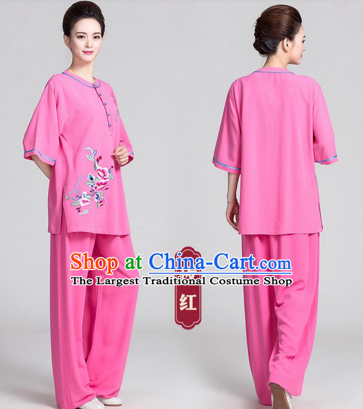 China Kung Fu Clothing Traditional Martial Arts Embroidered Rosy Flax Short Sleeve Uniforms Summer Tai Chi Costumes