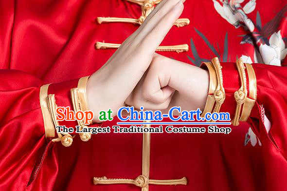 China Kung Fu Tai Chi Clothing Traditional Martial Arts Printing Mangnolia Red Satin Uniforms