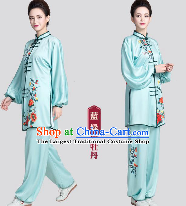China Martial Arts Clothing Traditional Tai Chi Printing Peony Light Blue Satin Uniforms