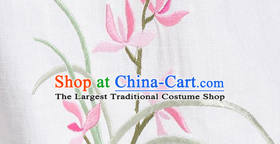 China Tai Chi Stage Performance Competition Clothing Traditional Embroidered Orchids White Flax Uniforms