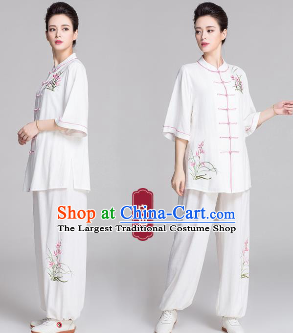 China Tai Chi Stage Performance Competition Clothing Traditional Embroidered Orchids White Flax Uniforms
