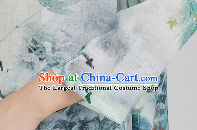 China Top Kung Fu Costume Tai Chi Clothing Tang Suit Printing Pear Blossom White Flax Shirt
