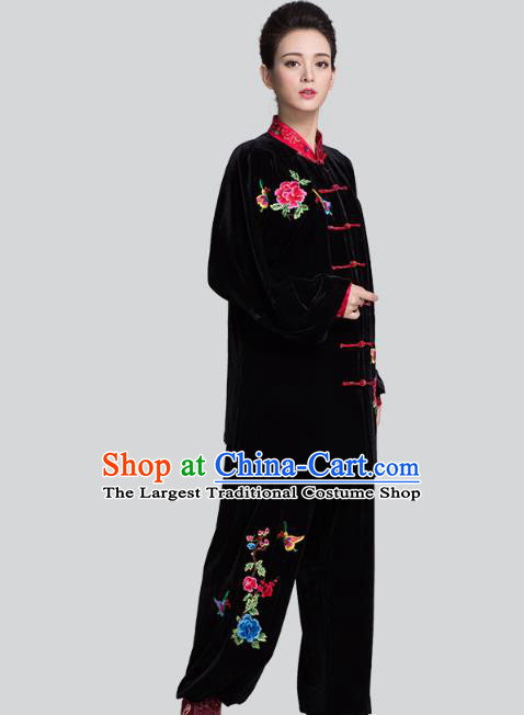 China Tai Chi Competition Clothing Traditional Embroidered Peony Butterfly Black Pleuche Uniforms
