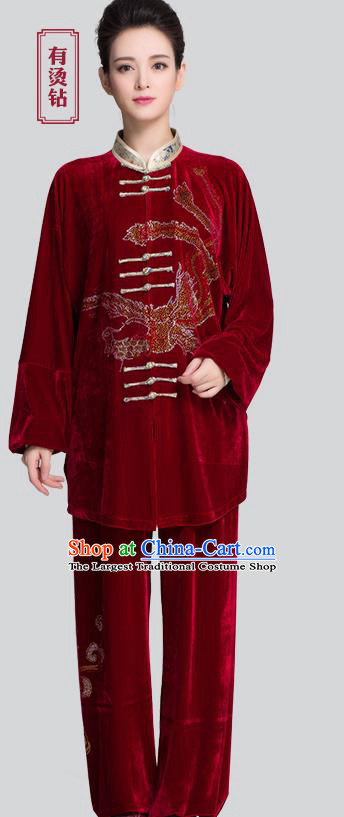 China Martial Arts Clothing Traditional Diamante Phoenix Red Pleuche Uniforms