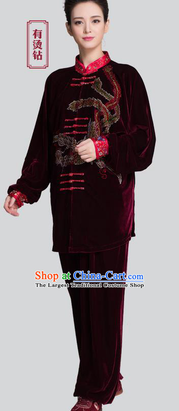 China Traditional Diamante Phoenix Purplish Red Pleuche Uniforms Martial Arts Clothing