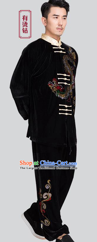 Chinese Men Kung Fu Uniforms Traditional Tai Chi Black Pleuche Costumes