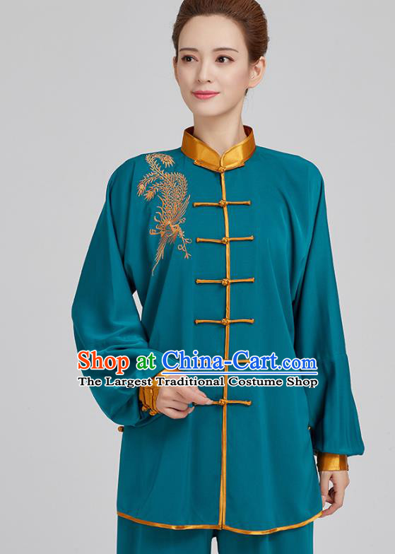 China Top Kung Fu Costumes Embroidered Tai Chi Training Blue Uniforms