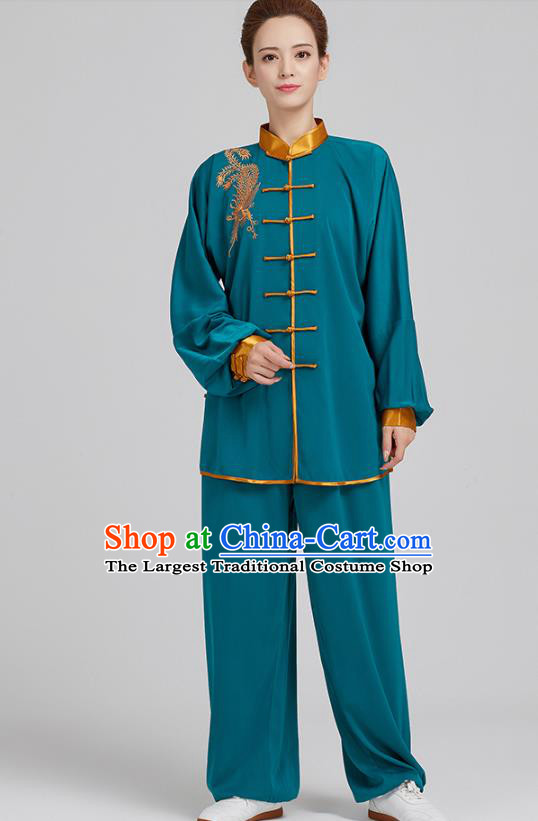 China Top Kung Fu Costumes Embroidered Tai Chi Training Blue Uniforms