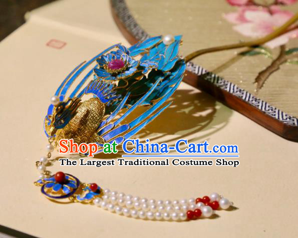 Chinese Handmade Peals Tassel Hairpin Traditional Hair Jewelry Ancient Ming Dynasty Court Woman Filigree Phoenix Hair Crown