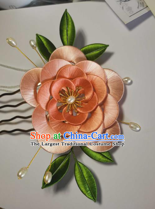 Chinese Ancient Song Dynasty Princess Hair Comb Traditional Hair Jewelry Handmade Orange Silk Camellia Hairpin