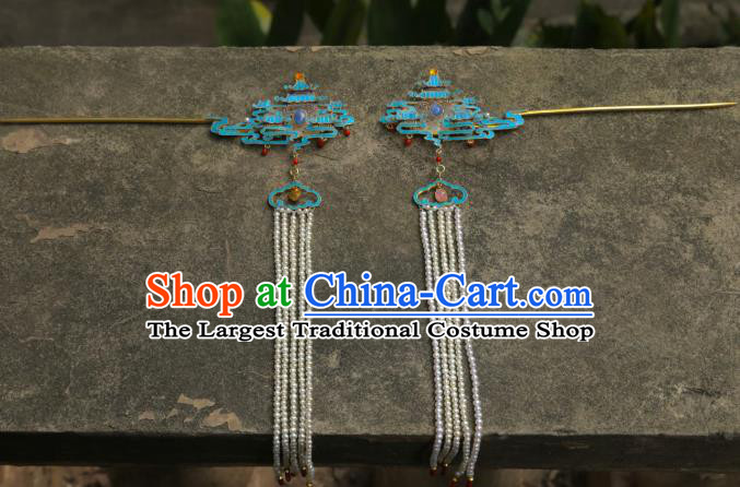 Chinese Handmade Jade Hairpin Traditional Hair Jewelry Ancient Ming Dynasty Empress Hair Stick Tassel Step Shake