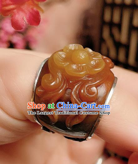 Chinese National Ring Silver Jewelry Traditional Handmade Jadeite Carving Plum Circlet Accessories