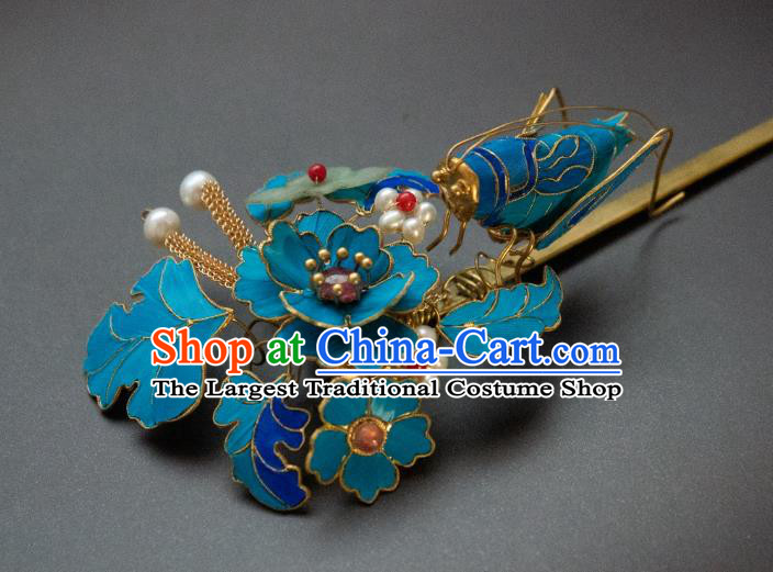 China Traditional Court Hair Accessories Qing Dynasty Hairpin Handmade Ancient Empress Blueing Cricket Hair Stick