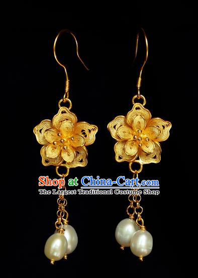 Chinese Traditional Ming Dynasty Golden Peach Blossom Earrings Accessories Ancient Empress Pearls Tassel Ear Jewelry