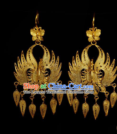 Chinese Traditional Ming Dynasty Earrings Accessories Ancient Empress Golden Phoenix Ear Jewelry