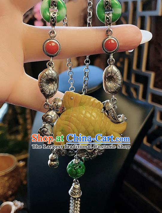 China Traditional Yellow Jade Carp Necklace Accessories Handmade Silver Tassel Necklet Pendant