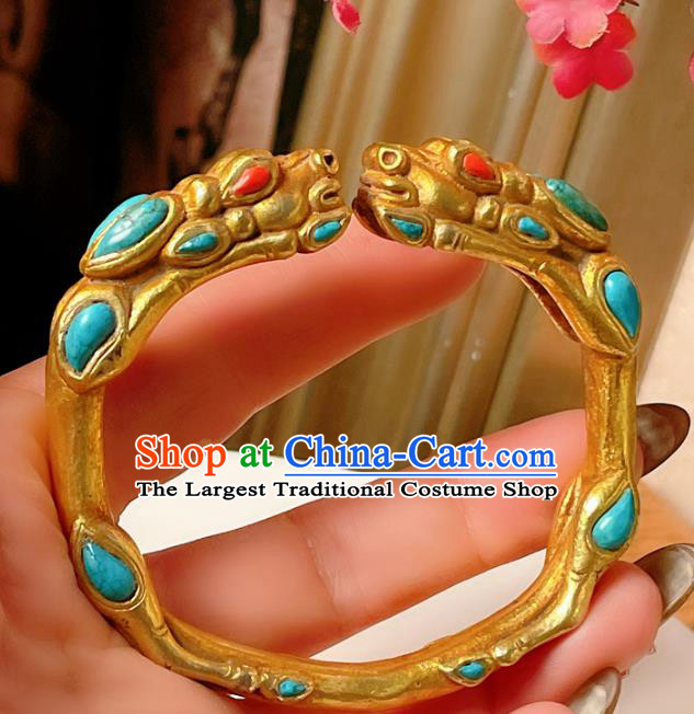 Handmade Chinese National Kallaite Bracelet Accessories Traditional Culture Jewelry Gilding Dragon Head Bangle