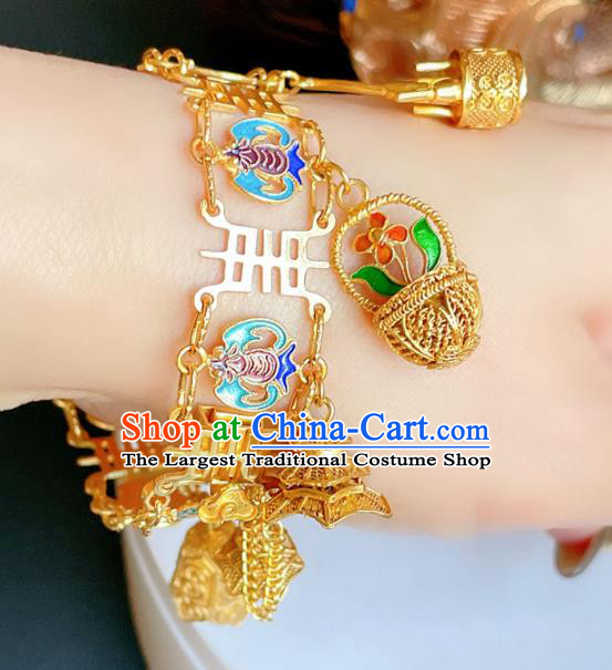 Handmade Chinese Golden Basket Bracelet Accessories Traditional Culture Jewelry Cloisonne Bat Bangle