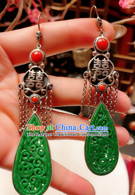 Chinese National Jadeite Earrings Traditional Jewelry Handmade Wedding Silver Ear Accessories