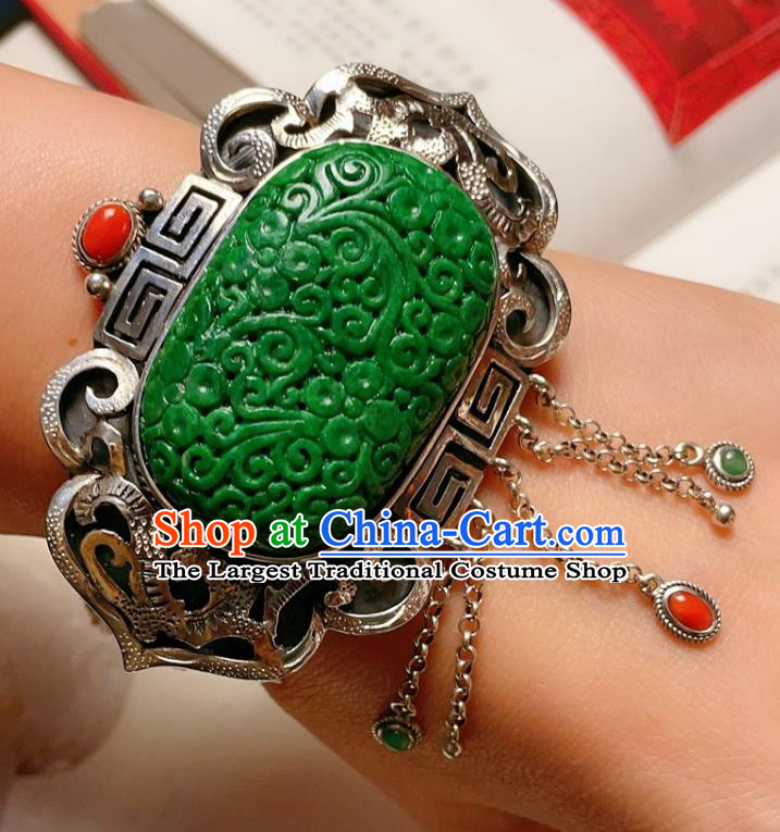 Handmade Chinese National Silver Bracelet Accessories Traditional Culture Jewelry Jadeite Carving Bangle