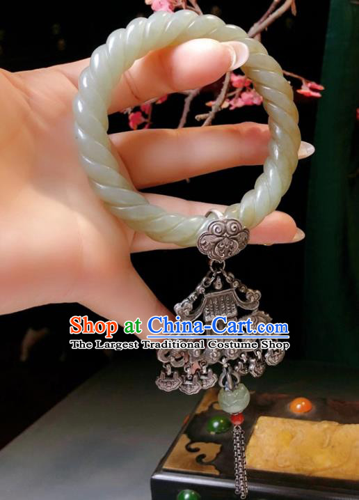 Handmade Chinese Hetian Jade Bracelet Accessories Traditional Culture Jewelry National Silver Pendant Bangle