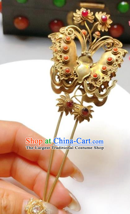 China Classical Ruby Hairpin Traditional Hair Accessories Handmade Qing Dynasty Golden Butterfly Hair Stick