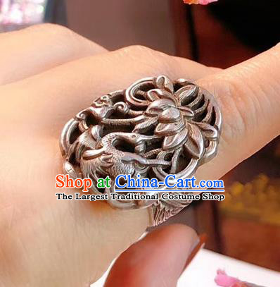 Chinese National Carving Crane Lotus Ring Jewelry Traditional Handmade Accessories Silver Circlet