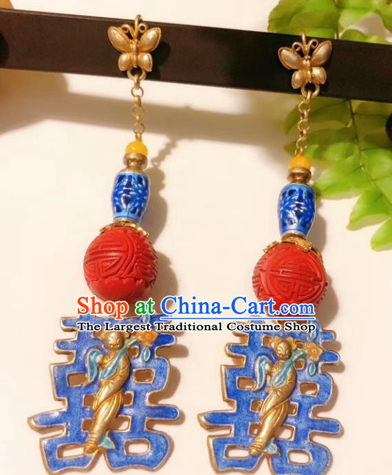 Chinese National Wedding Blueing Earrings Traditional Jewelry Handmade Carved Lacquerware Ear Accessories