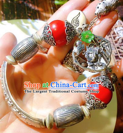 China Traditional Silver Bracelet Handmade National Cinnabar Bangle Accessories