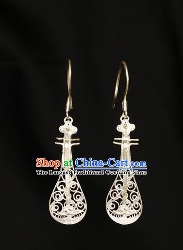 Chinese Ancient Bride Silver Lute Ear Accessories Traditional Cheongsam Earrings Jewelry