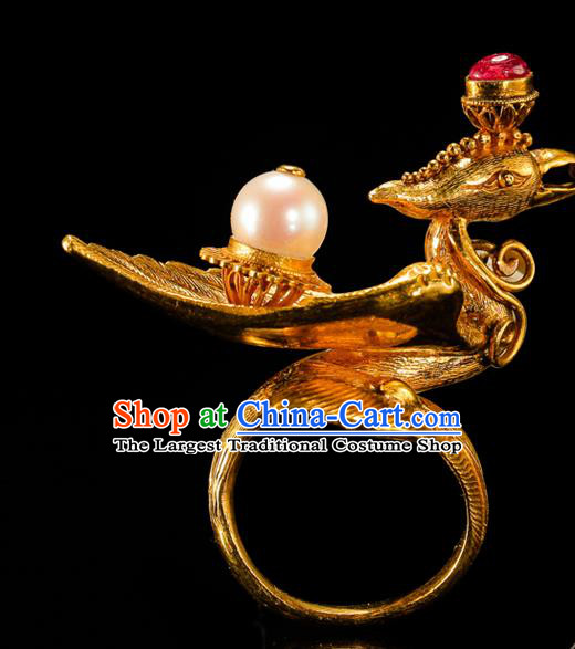Handmade Chinese Qing Dynasty Golden Phoenix Ring Accessories Traditional Ancient Empress Ruby Circlet Jewelry