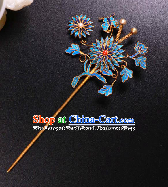 China Traditional Handmade Pearls Hair Stick Ancient Qing Dynasty Empress Blueing Chrysanthemum Hairpin