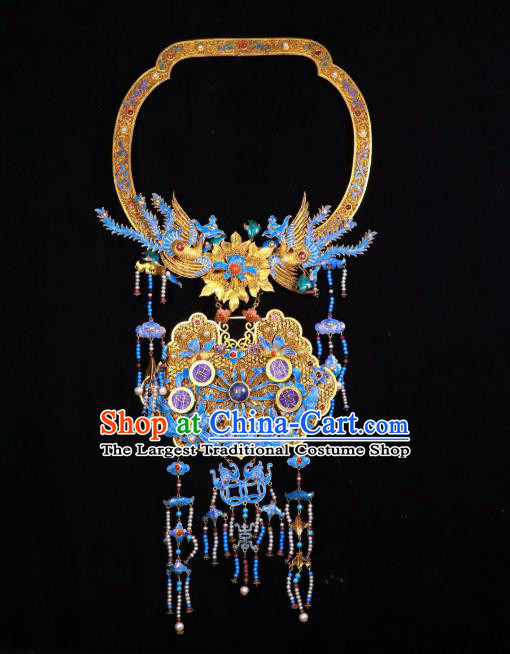 China Traditional Filigree Necklace Accessories Ancient Qing Dynasty Empress Cloisonne Phoenix Pearls Necklet Pendant