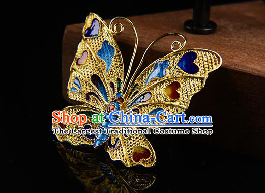 China Traditional Blueing Butterfly Brooch Accessories Ancient Imperial Consort Golden Breastpin
