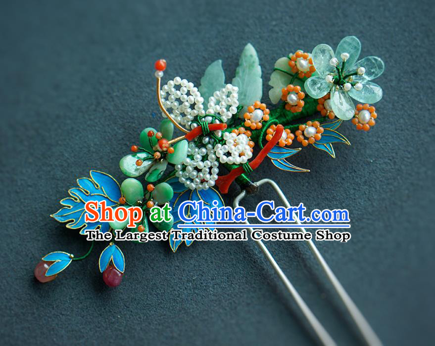 China Ancient Empress Jadeite Plum Blossom Hairpin Traditional Court Hair Jewelry Qing Dynasty Pearls Hair Stick