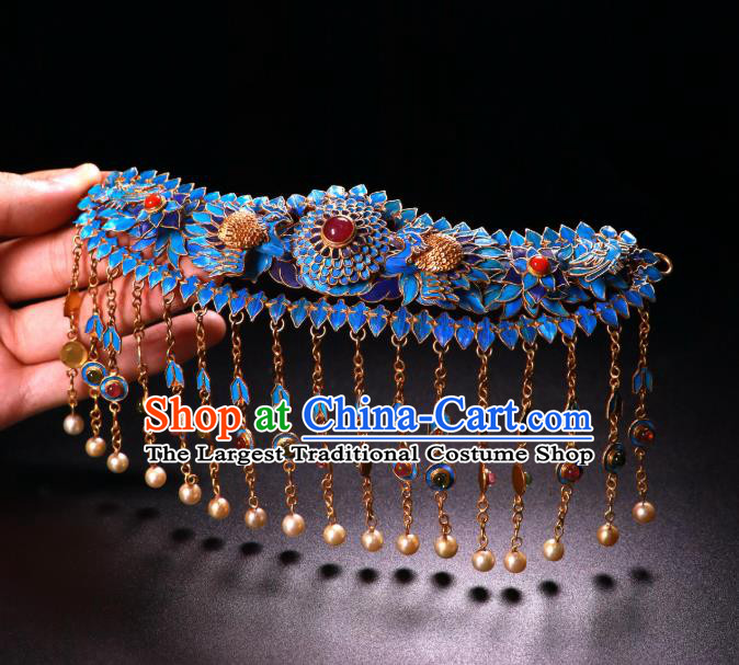 China Handmade Pearls Tassel Ruby Hair Crown Ancient Qing Dynasty Imperial Empress Cloisonne Chrysanthemum Hairpin