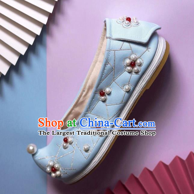 Handmade Chinese Wedding Embroidered Pearls Shoes Traditional Hanfu Shoes Ancient Princess Bow Shoes