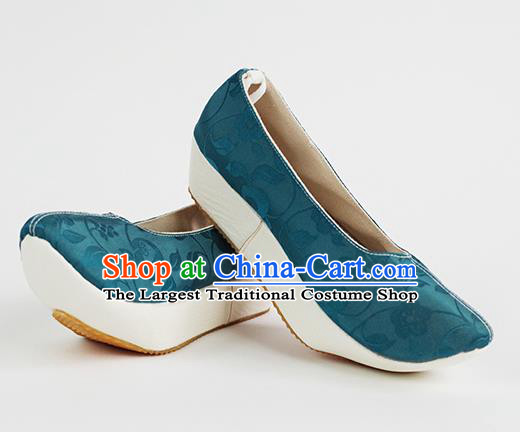 Handmade Chinese Platform Shoes Ancient Song Dynasty Princess Shoes Traditional Hanfu Blue Silk Shoes